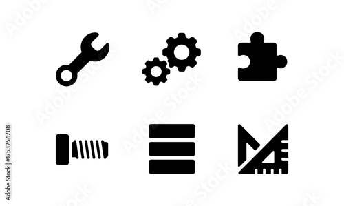 Black silhouette icons of tools and objects for design and construction