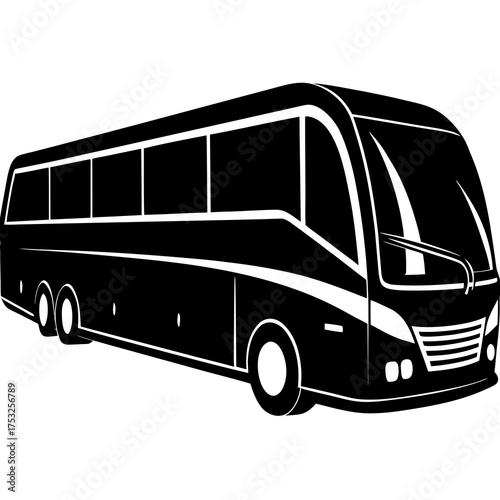 Sleek black silhouette of a modern passenger tour bus with white accents on a white background