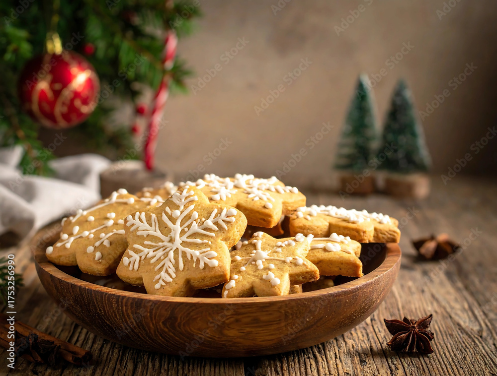 Fototapeta premium Christmas gingerbread cookies on wooden table with festive decorations and ribbons