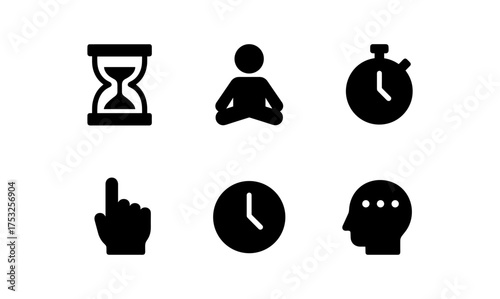 Minimalist icons of time and mindfulness concepts in black silhouette style