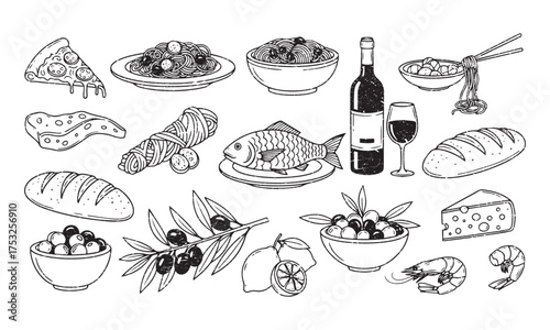 Italian food sketch illustration including seafood pasta wine and cheese