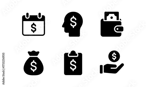 Finance icons: calendar, head, wallet, money bag, clipboard, hand