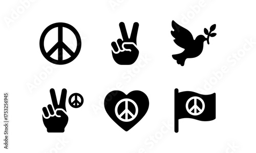 Peace symbol icons: hand gestures, dove, heart, and flag in black silhouette
