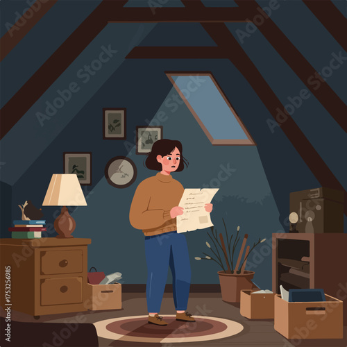 Woman in attic reads disturbing letter, surrounded by clutter and old items