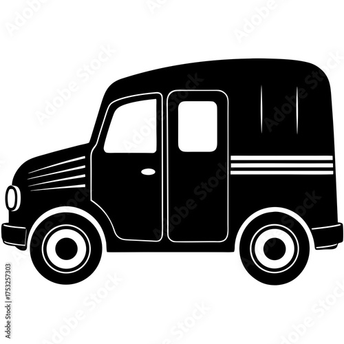 Classic black silhouette of a vintage van with rounded edges and simple white detailing