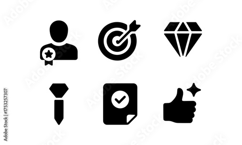 Business and achievement icon set featuring awards, targets, and diamonds
