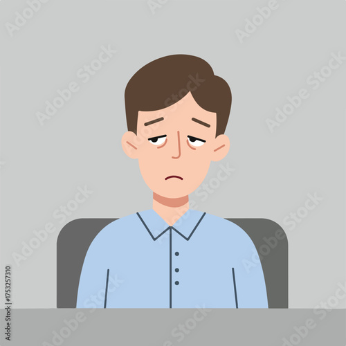 Tired person with drooping eyes, looking down with a sad expression
