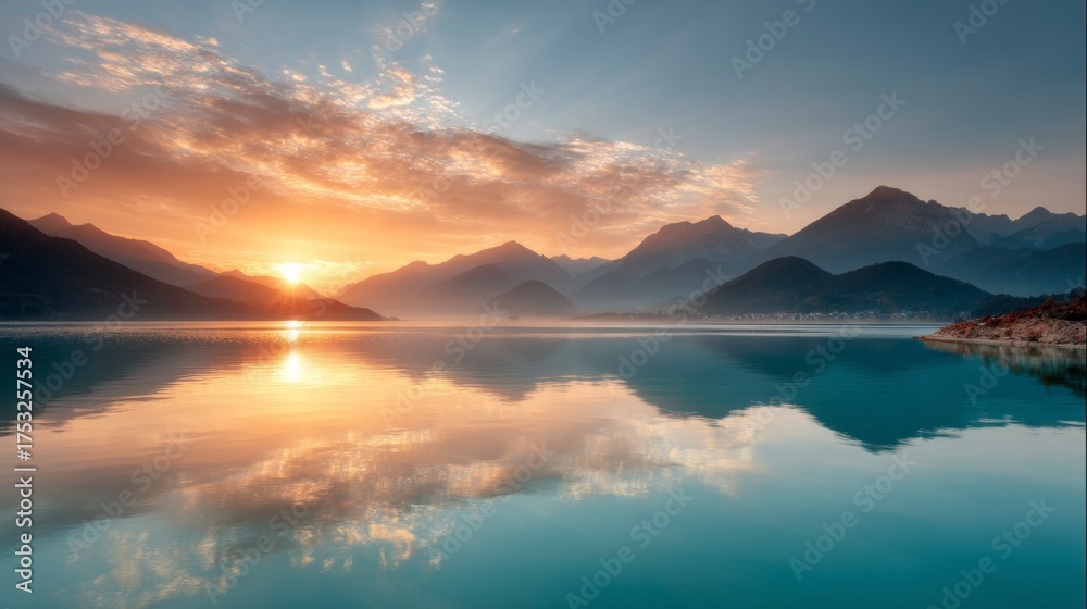 Obraz premium As the sun dips below the horizon, golden hues radiate across the sky and water, creating a peaceful scene of tranquility