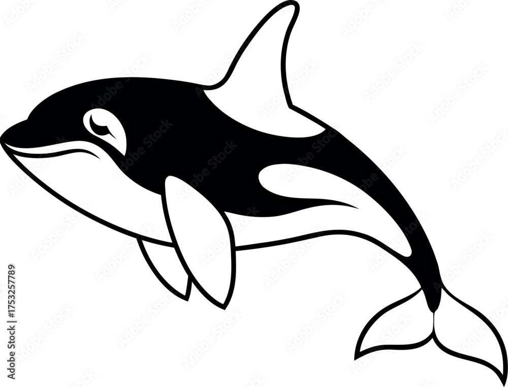 Naklejka premium Minimalist black and white line art illustration of an orca whale swimming isolated on white background