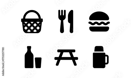 Minimalist picnic icons set: basket, cutlery, burger, bottle, bench, thermos