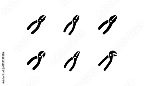 Set of black silhouette pliers on white background