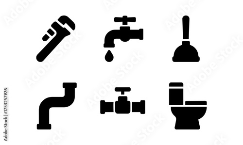 Plumbing icons set: wrench, faucet, plunger, pipe, valve, toilet in silhouette style