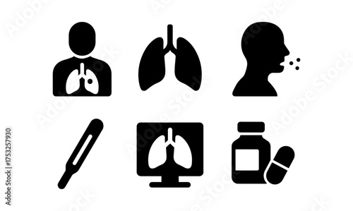 Medical set: healthcare icons featuring lungs and medications