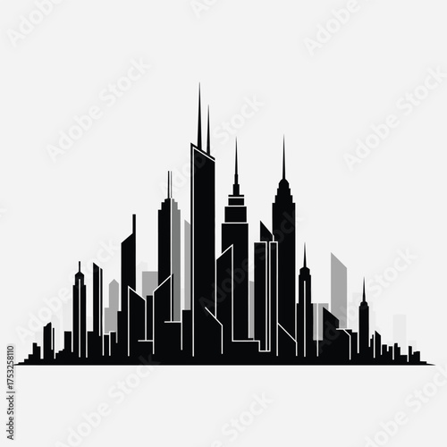 Cityscape Silhouette Vector Illustration of a Modern Urban Skyline with Tall Buildings