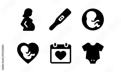 Pregnancy and baby icons set: minimalist black and white design for maternity and newborn themes