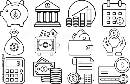 Vector art of financial and money icons, including piggy bank, bank, coins, wallet, and calculator