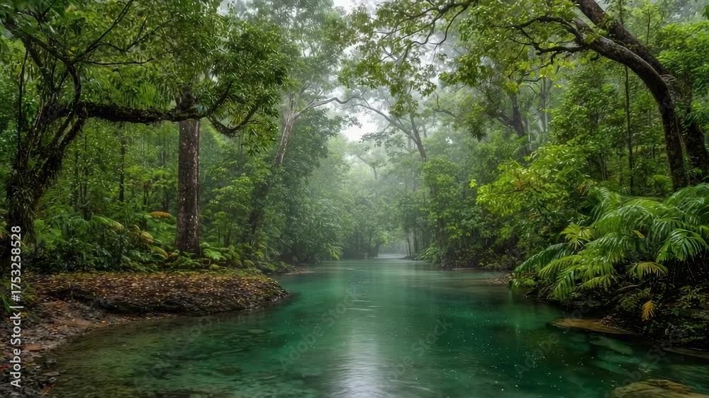 Turquoise river winds through a dense rainforest, with green trees arching overhead and a misty, tranquil waterway.