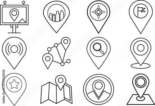 Vector art of collection of handdrawn location pin icons representing navigation, search, and mapping