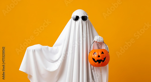 Obraz na płótnie Child dressed as a ghost with pumpkin bucket on orange background