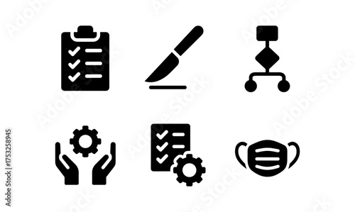 Medical silhouette icons: checklist, surgical tools, process, safety concepts