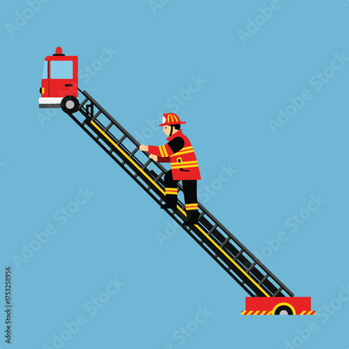 Firefighter climbs extending ladder on truck against plain blue background