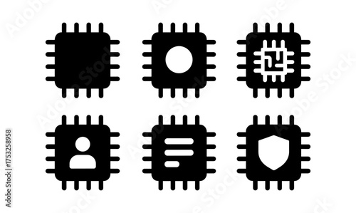Set of minimalist microchip icons for technology and security interface