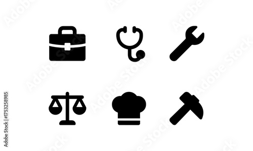 Essential job tools: minimalist icons for various professions
