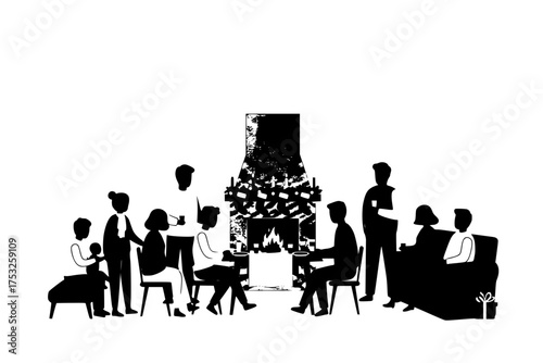 Minimalist Holiday Gathering Silhouette: Diverse Family Dinner, Christmas Togetherness, Winter Celebration Vector	
