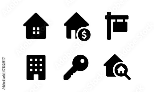 Set of minimal real estate icons: house, apartment, key, sale sign