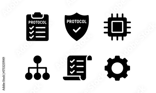 Protocol and technology icon set featuring silhouette design elements