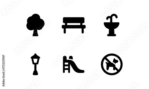 Simple park icons set featuring tree, bench, and playground elements