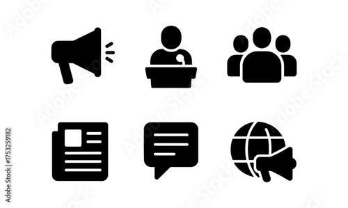 Silhouette icons for communication and media: speaker, audience, news, and global reach