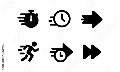 Dynamic speed icons: stopwatch, clock, arrow, runner, fast forward symbols