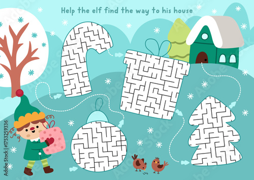 Christmas maze for kids geometrical candy cane, tree, present, ball. New Year preschool printable activity. Winter holiday labyrinth game or puzzle. Help the elf find the way to his house