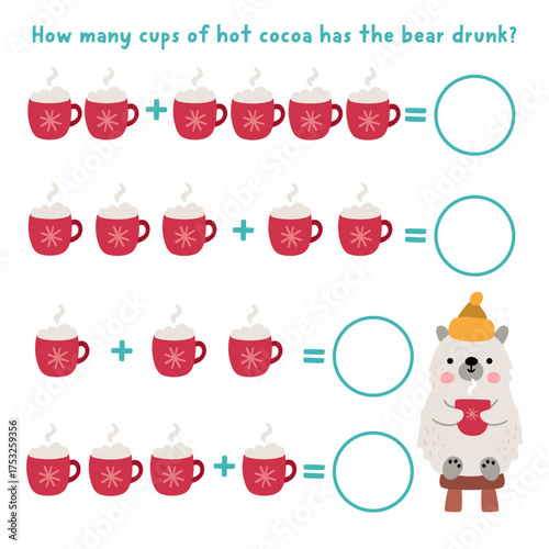 Counting game with cute Christmas drink mug. New Year math addition activity for preschool children. Simple sums winter holiday printable worksheet for kids with bear drinking cocoa cups