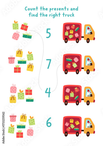 Match the numbers Christmas game with goose driver on a truck with presents. New Year math activity for preschool kids. Winter holiday educational counting worksheet with gifts and bird on car