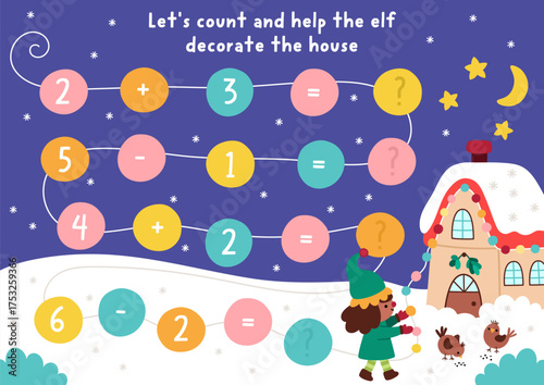 Counting preschool game with cute elf decorating house with ornaments. New Year math addition activity. Simple sums holiday printable worksheet for kids with winter night landscape