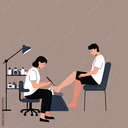 A person receives a pedicure from a manicurist with bottles on a shelf
