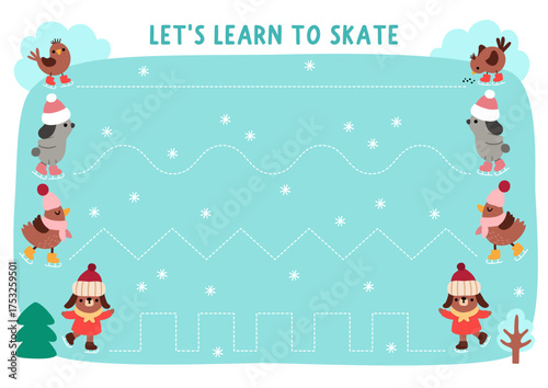 Vector Christmas handwriting practice worksheet with cute skating animals and ice rink. New Year printable activity for preschool children. Winter holiday tracing game for writing skills