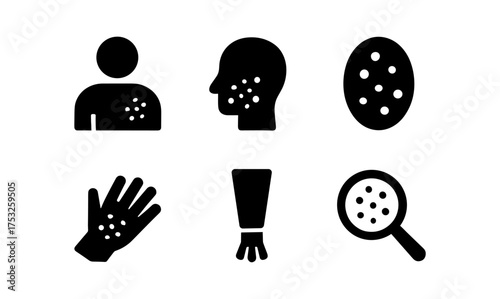 Silhouette icons of skin condition symptoms with dots on body areas
