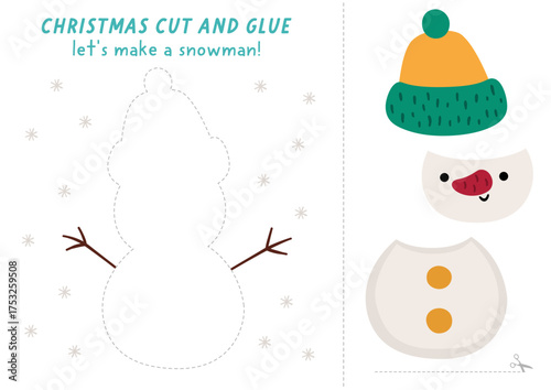 Lets make a snowman cut and glue activity. Christmas educational crafting game with traditional winter snowy character. Find missing parts. Vector New Year printable page for kids