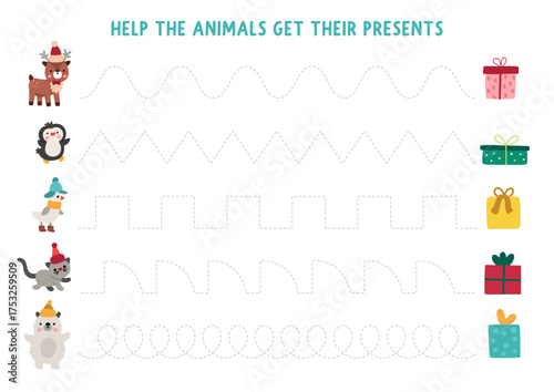 Vector Christmas handwriting practice worksheet with cute animals, birds and presents. New Year printable activity for preschool children. Winter holiday tracing game for writing skills