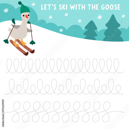 Vector Christmas handwriting practice worksheet with cute skiing goose and snow slope. New Year printable activity for preschool children. Winter holiday tracing game for writing skills