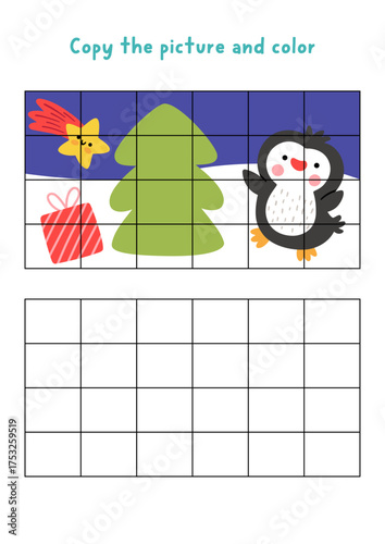 Copy the picture and color. Draw Christmas scene with penguin, tree, star, present. Vector New Year drawing and coloring practice worksheet. Printable winter holiday activity for kids