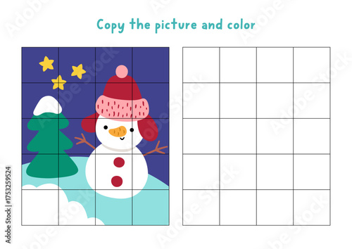 Copy the picture and color. Draw Christmas night scene with snowman, tree, stars. Vector New Year drawing and coloring practice worksheet. Printable winter holiday activity for kids