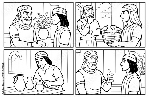 Biblical story of joseph in potiphar's house in a four-panel comic for educational purposes