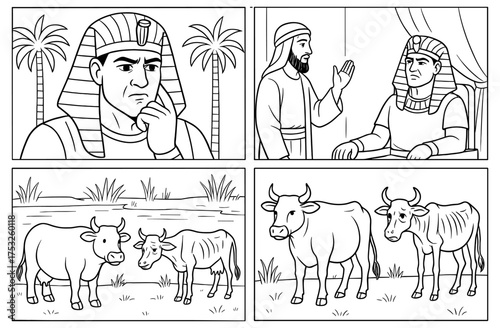 Joseph's dream interpretation with pharaoh and cows - biblical scene for educational use