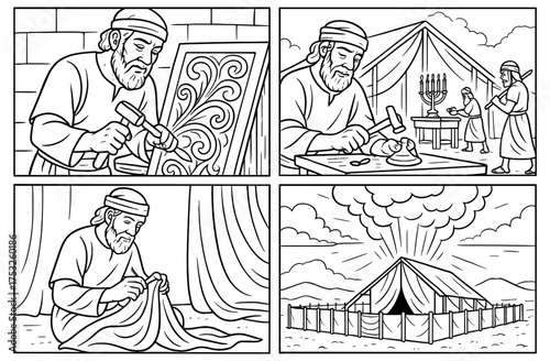 Biblical tabernacle construction scenes for religious comic design and storytelling