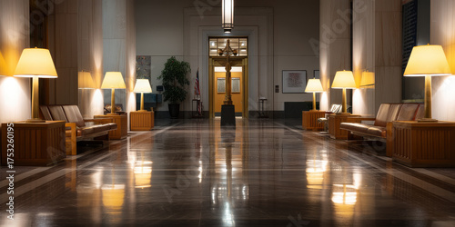 Grand marble courthouse lobby at night with warm lamps and wooden benches creating reflective glow