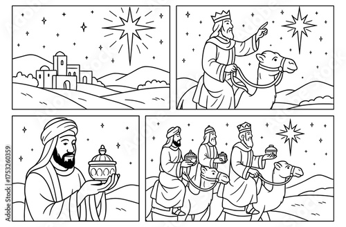 Nativity journey: three wise men following star for christmas storytelling design